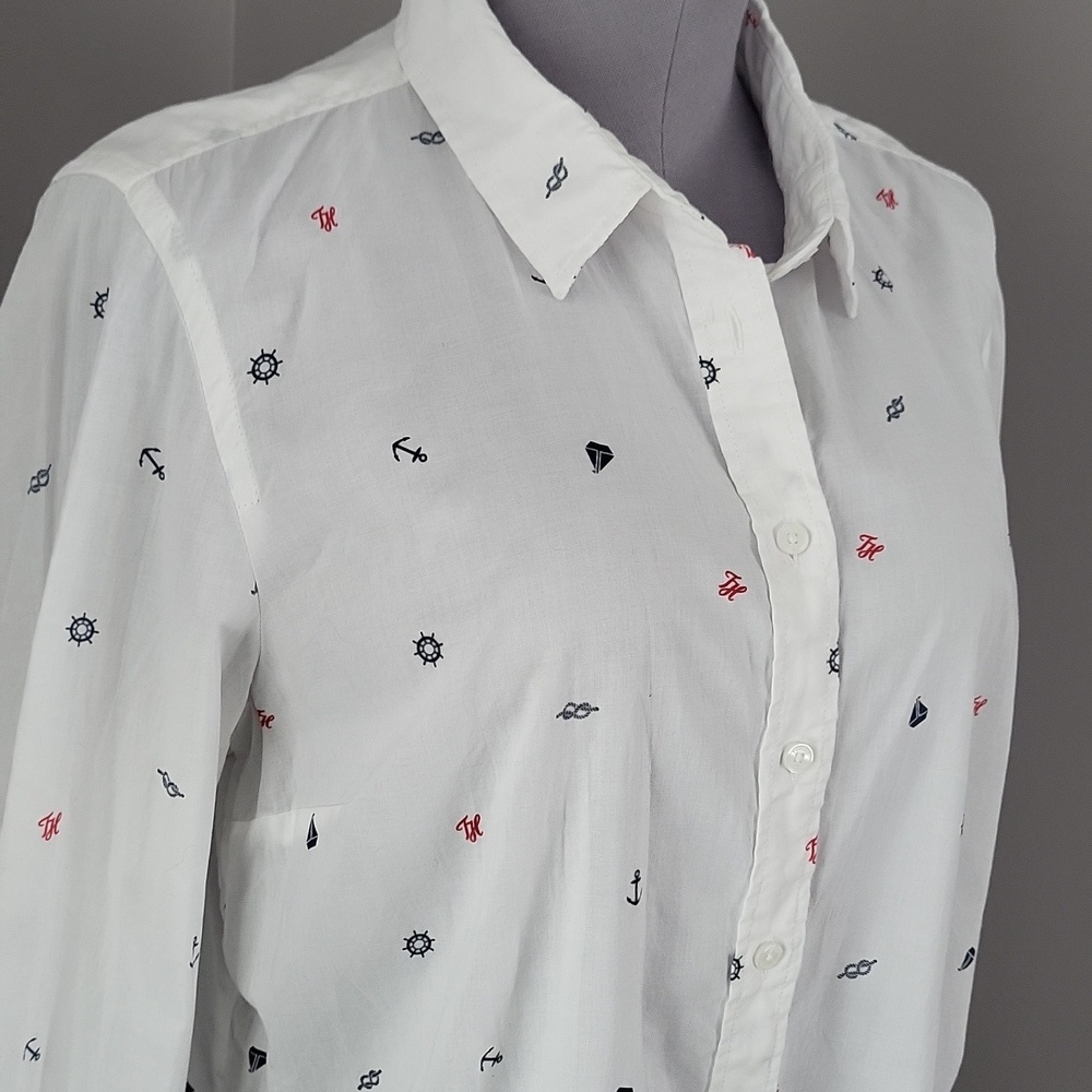 Tommy Hilfiger Nautical Print Relaxed Fit Button Down Shirt - White - L